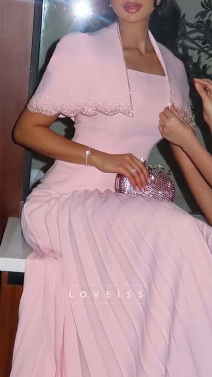 Square Cap Sleeves Pleated A-Line Pink Evening Dress