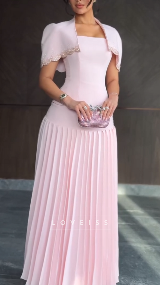 Square Cap Sleeves Pleated A-Line Pink Evening Dress