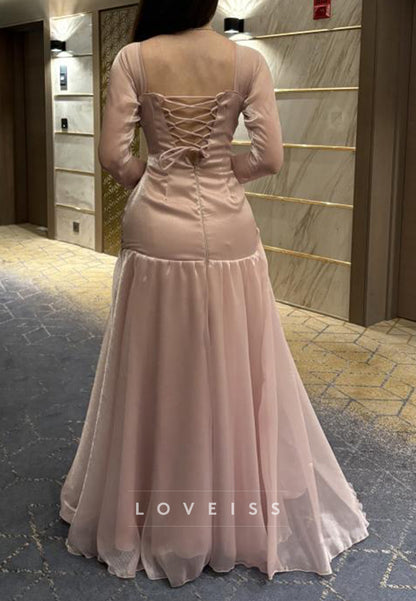 Square Long Sleeves A-Line Pleated Evening Dress