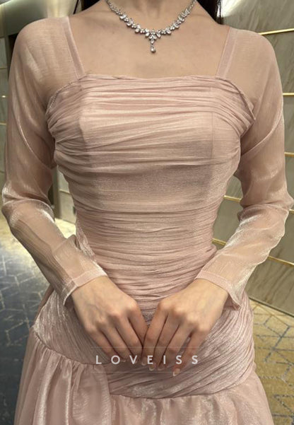 Square Long Sleeves A-Line Pleated Evening Dress