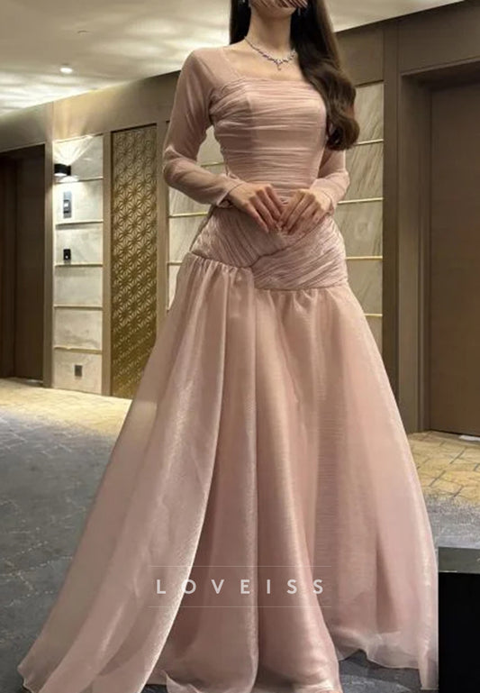 Square Long Sleeves A-Line Pleated Evening Dress