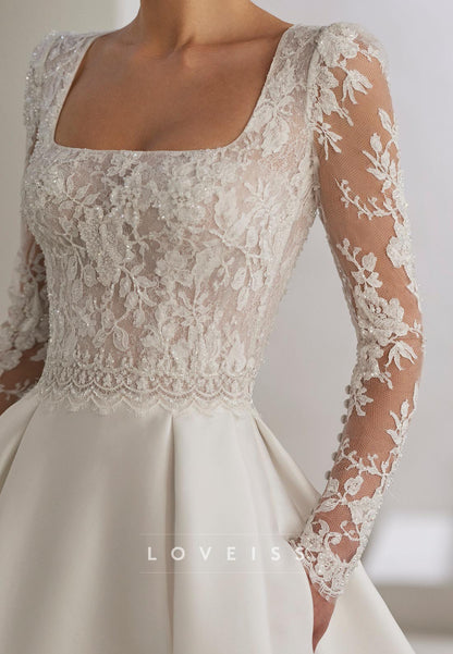 Square Long Sleeves Appliques Backless A-Line Wedding Dress