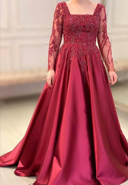 Square Long Sleeves Appliques Sequins A-Line Mother of Bride Dress