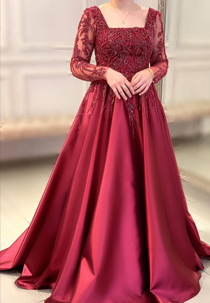 Square Long Sleeves Appliques Sequins A-Line Mother of Bride Dress