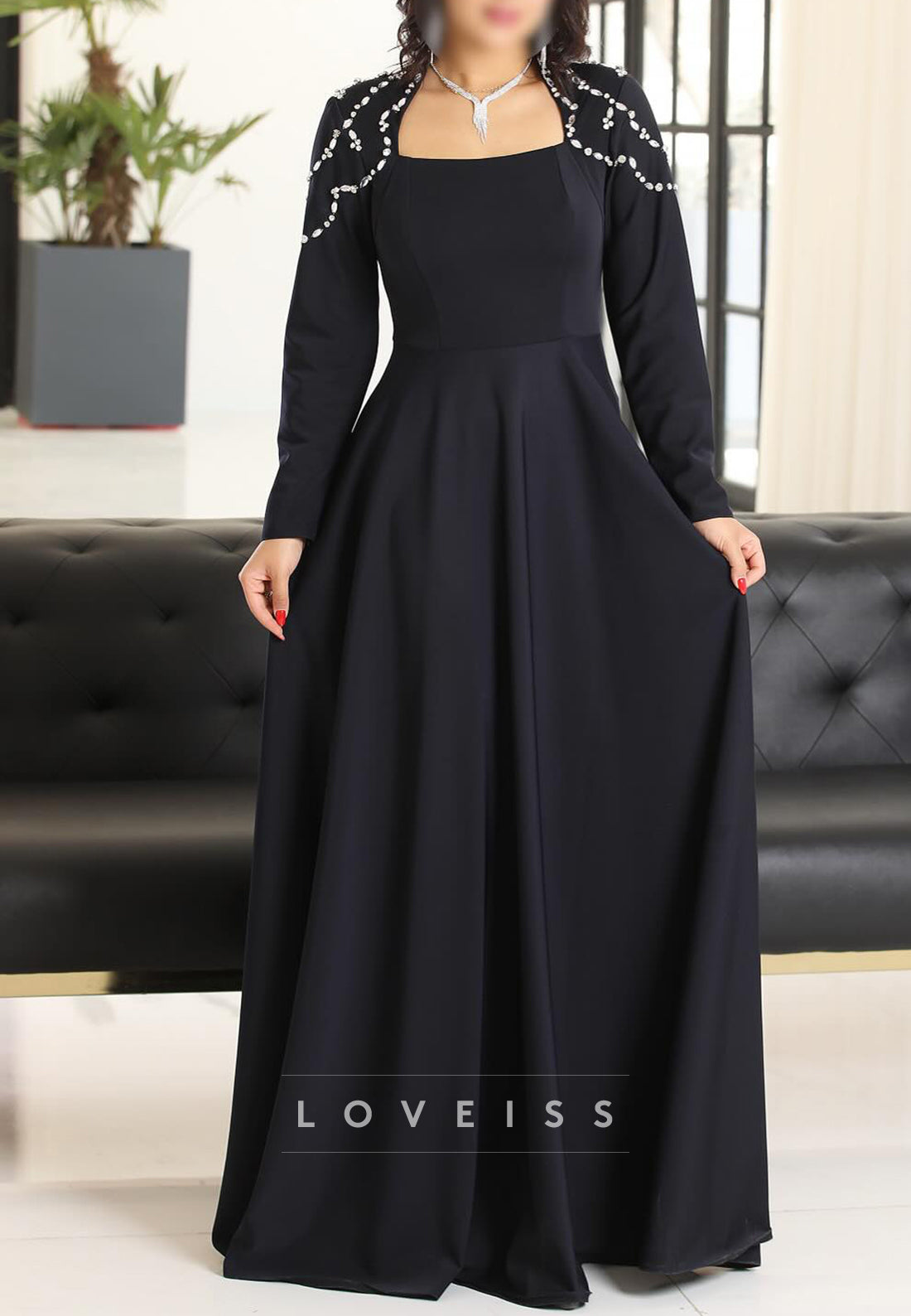 Square Long Sleeves Beaded A-Line Mother of Bride Dress