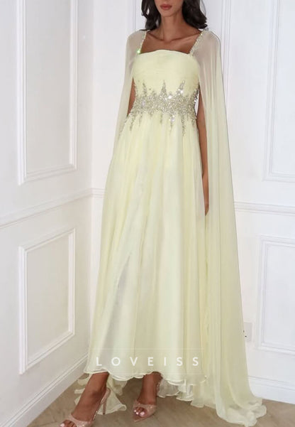 Square Long Sleeves Beaded A-Line Prom Dress