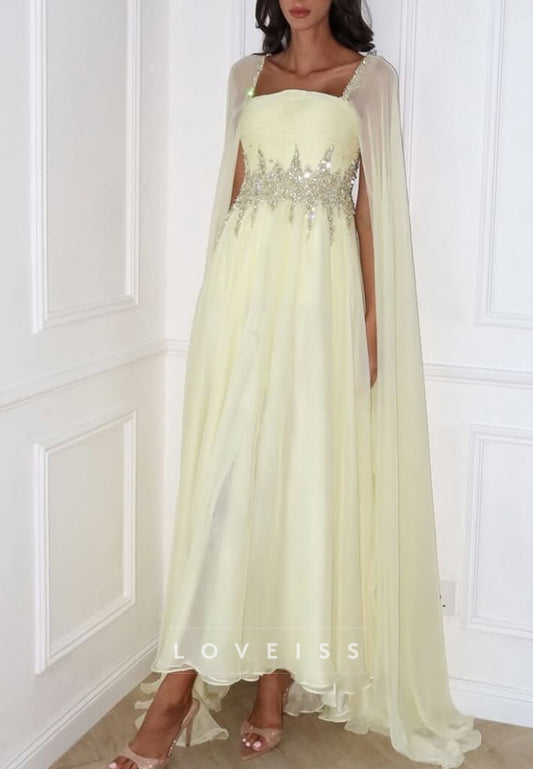 Square Long Sleeves Beaded A-Line Prom Dress
