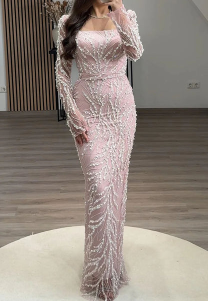 Square Long Sleeves Beaded Emboridery Mermaid Evening Dress