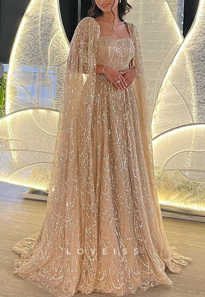 Square Long Sleeves Beaded Embroidery A-Line Sparkly Prom Dress