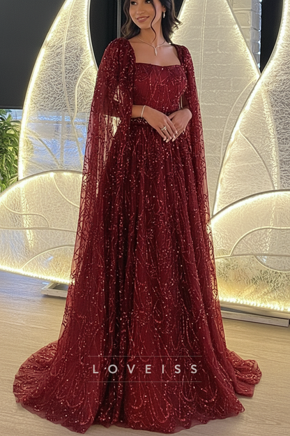 Square Long Sleeves Beaded Embroidery A-Line Sparkly Prom Dress