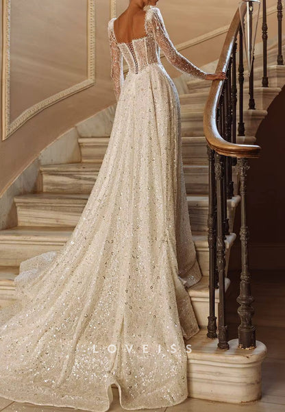 Square Long Sleeves Beaded Embroidery A-Line Wedding Dress