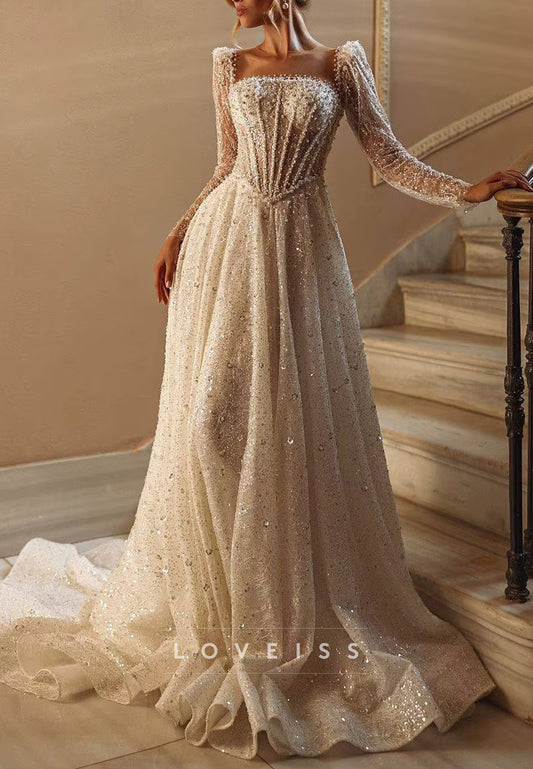 Square Long Sleeves Beaded Embroidery A-Line Wedding Dress