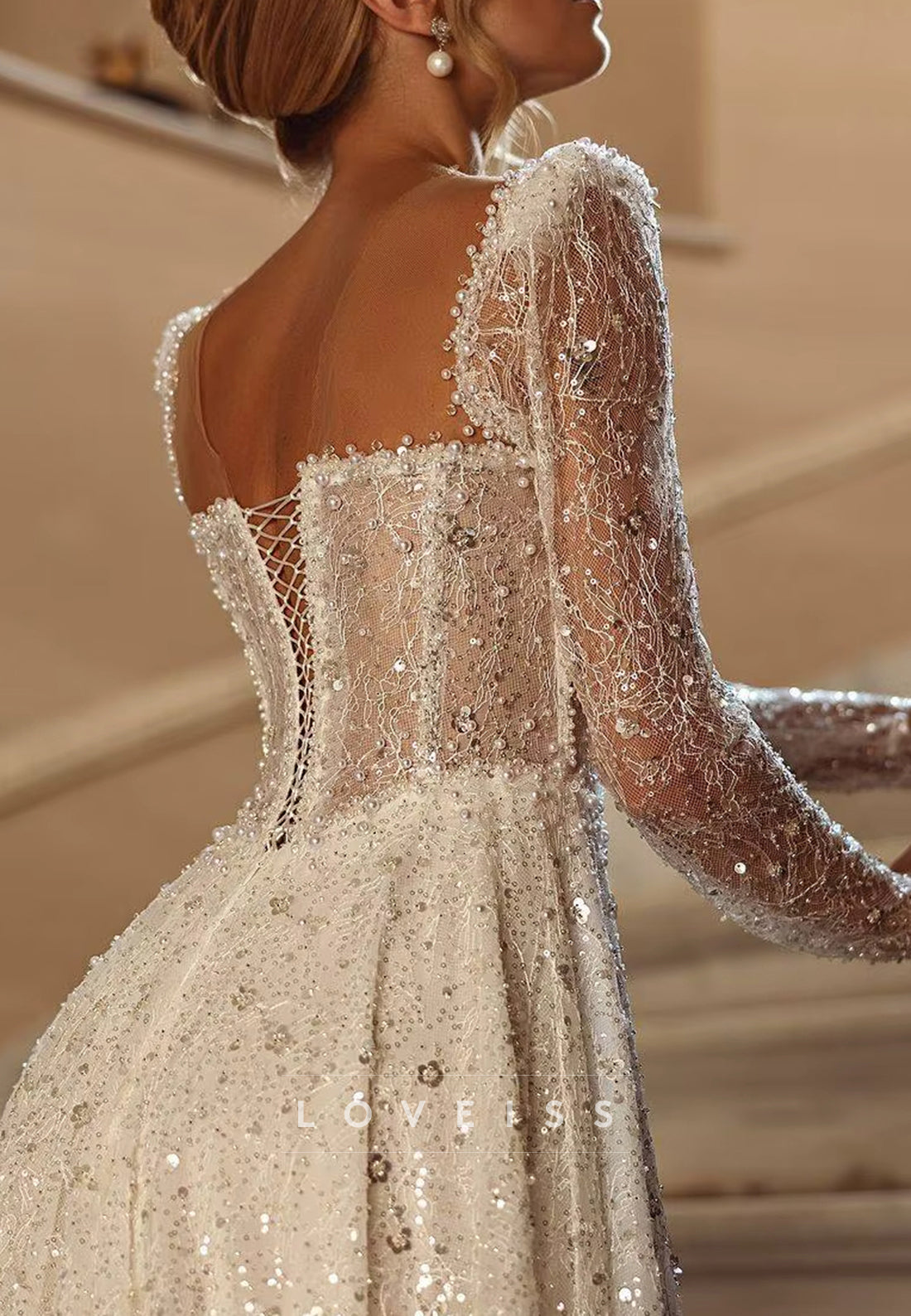 Square Long Sleeves Beaded Embroidery A-Line Wedding Dress