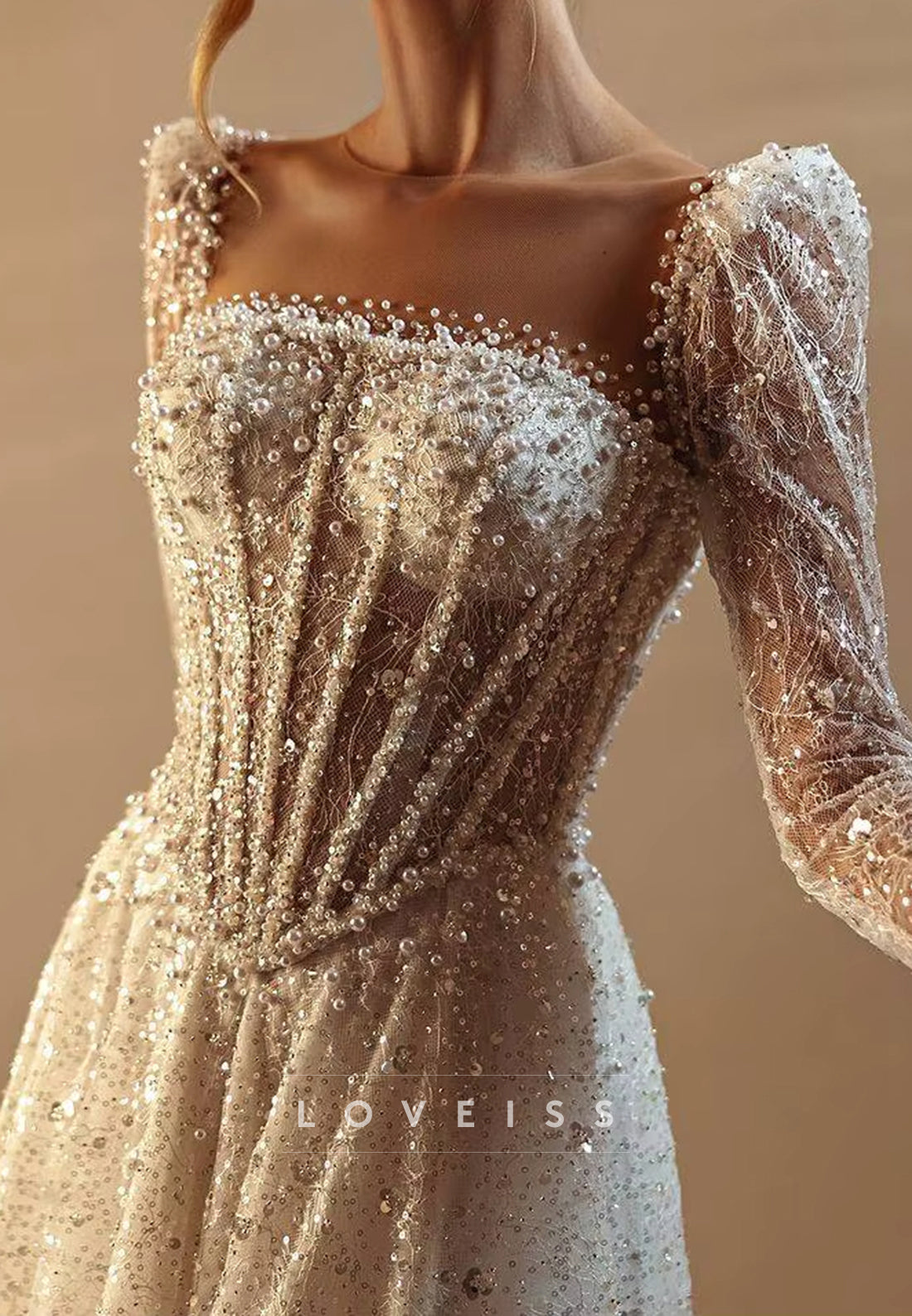 Square Long Sleeves Beaded Embroidery A-Line Wedding Dress