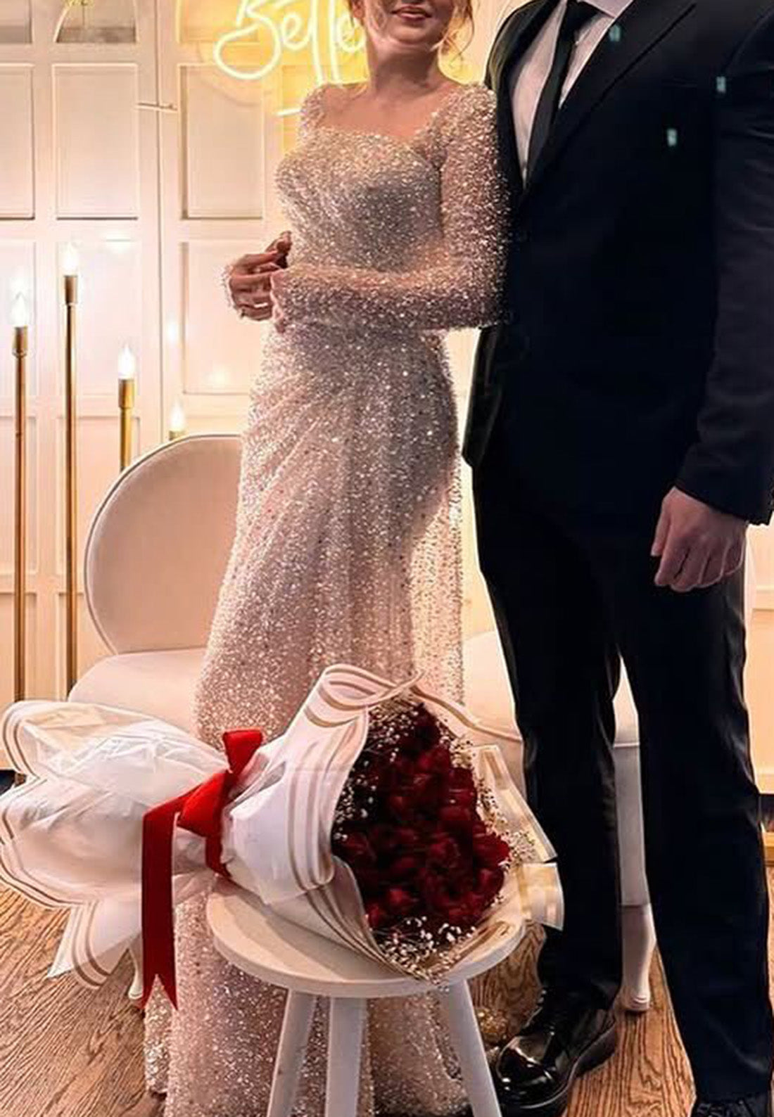 Square Long Sleeves Beaded Embroidery Pleated Sparkly Sheath Wedding Dress