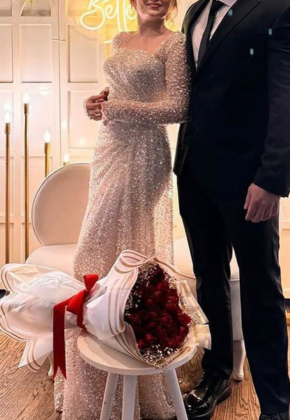 Square Long Sleeves Beaded Embroidery Pleated Sparkly Sheath Wedding Dress
