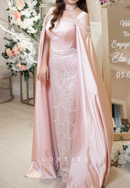Square Long  Sleeves Beaded  Embroidery Sheath Evening Dress