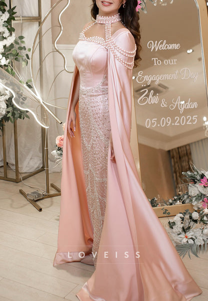 Square Long  Sleeves Beaded  Embroidery Sheath Evening Dress