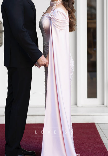 Square Long  Sleeves Beaded  Embroidery Sheath Evening Dress