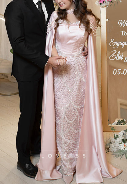 Square Long  Sleeves Beaded  Embroidery Sheath Evening Dress