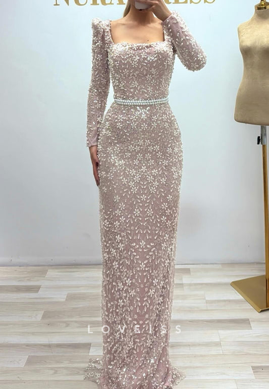 Square Long Sleeves Beaded Embroidery Sparkly Sheath Evening Dress