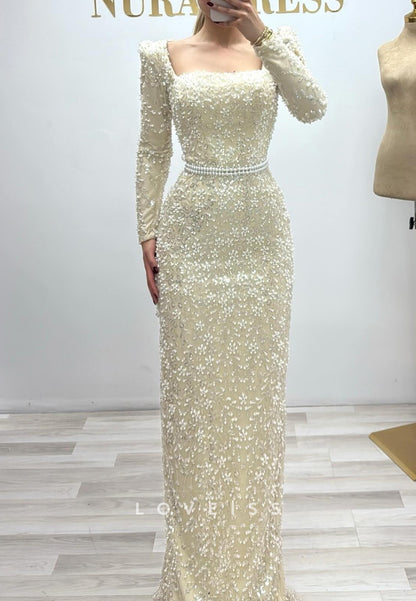 Square Long Sleeves Beaded Embroidery Sparkly Sheath Evening Dress