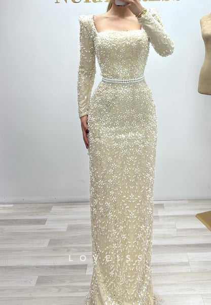 Square Long Sleeves Beaded Embroidery Sparkly Sheath Evening Dress
