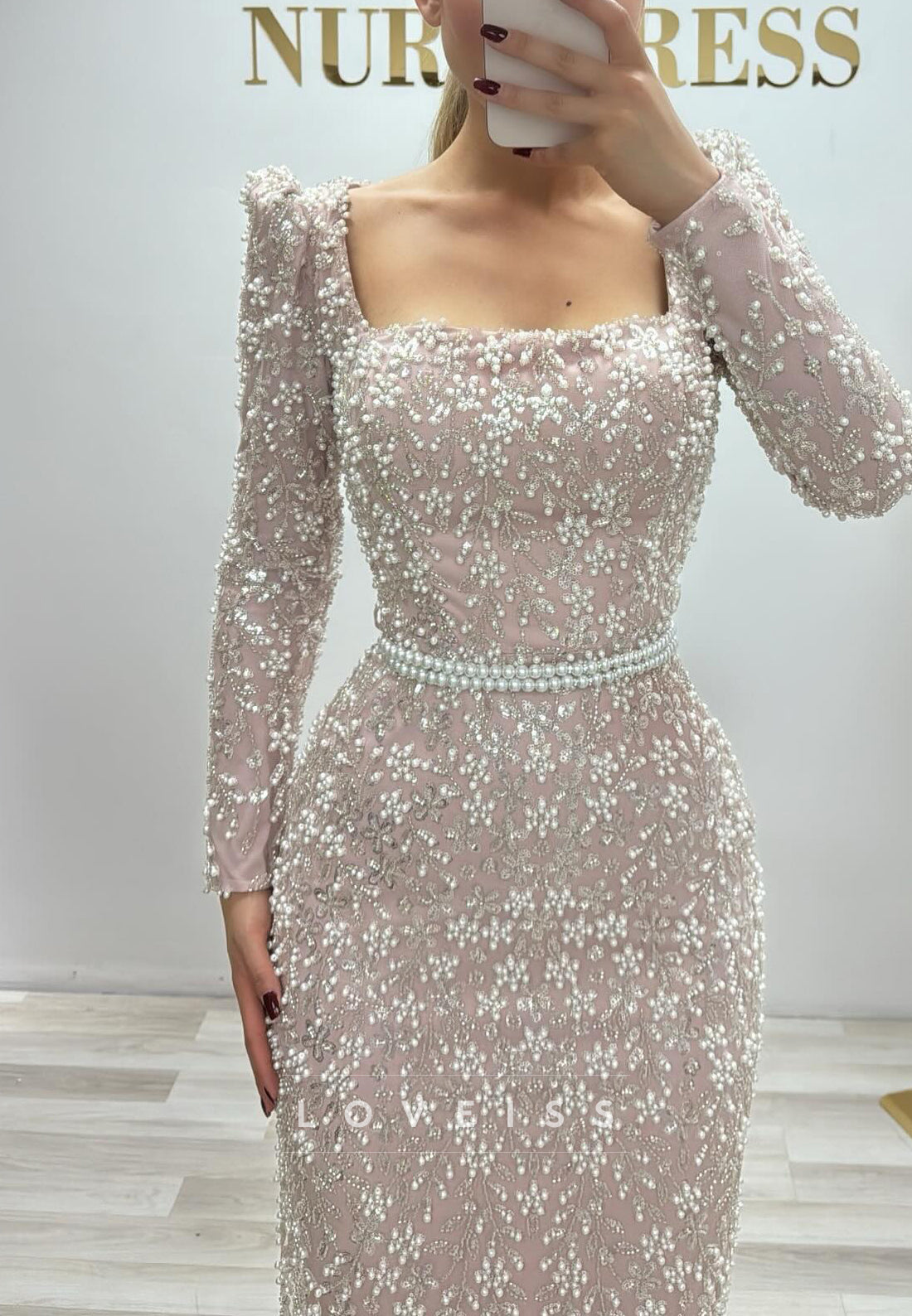Square Long Sleeves Beaded Embroidery Sparkly Sheath Evening Dress