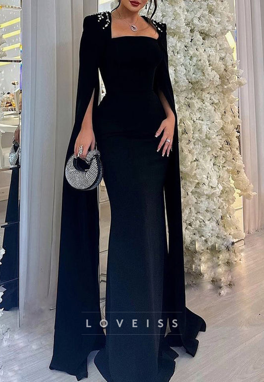 Square Long Sleeves Beaded Mermaid Evening Dress