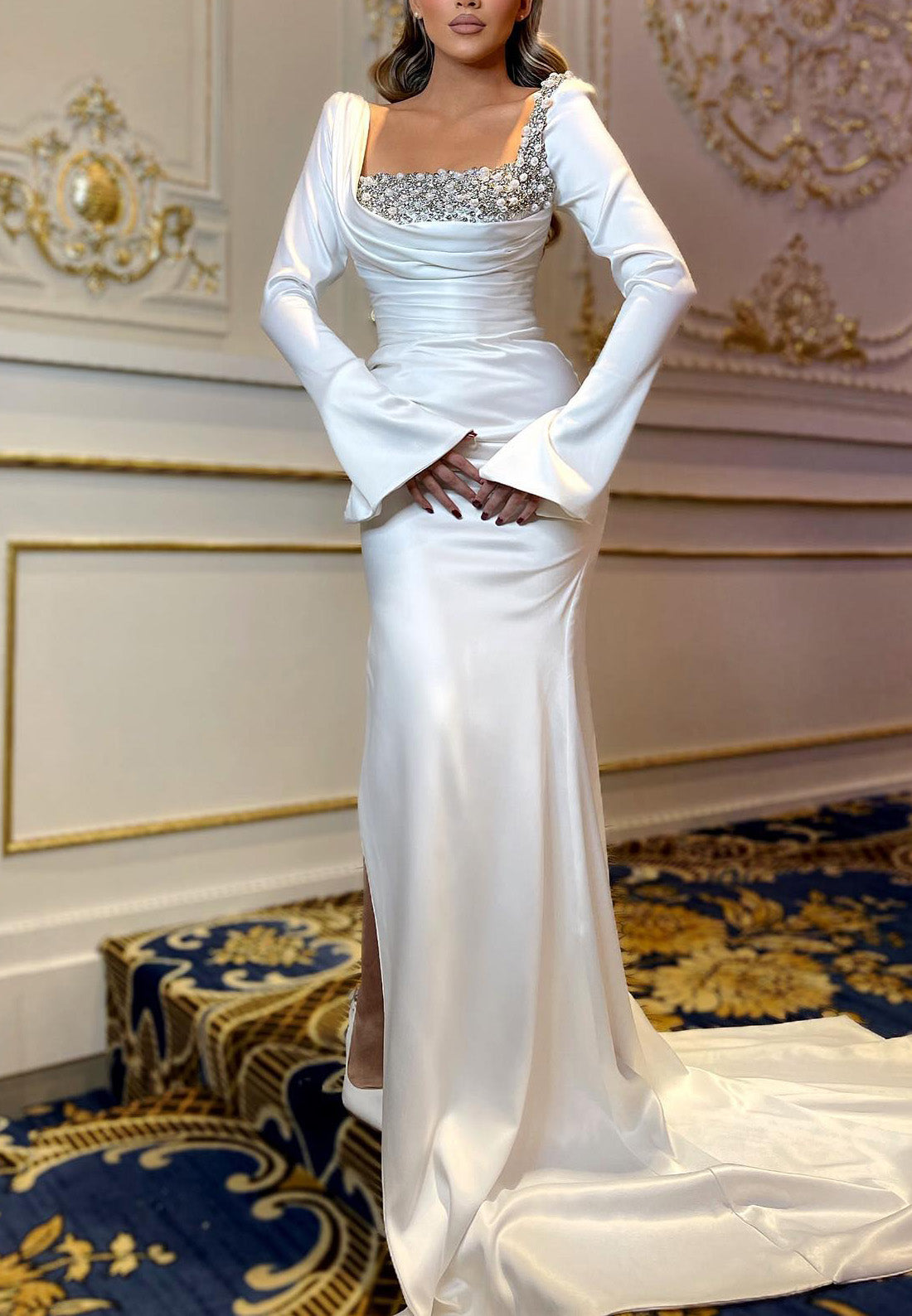 Square Long Sleeves Beaded Pearl Meermaid Wedding Dress