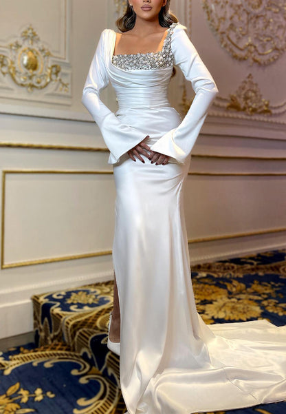 Square Long Sleeves Beaded Pearl Meermaid Wedding Dress