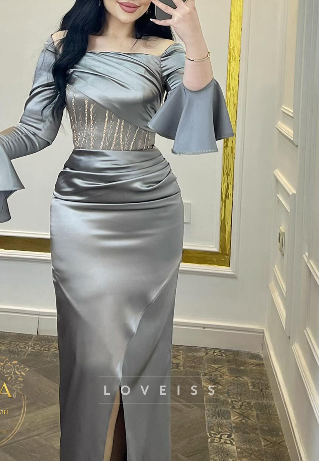 Square Long Sleeves Beaded Pleated Sheath Evening Dress