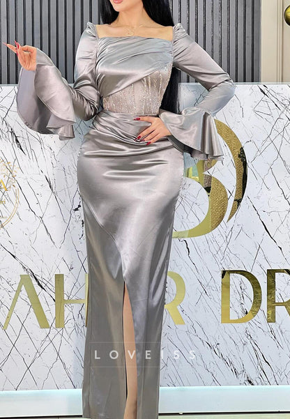 Square Long Sleeves Beaded Pleated Sheath Evening Dress