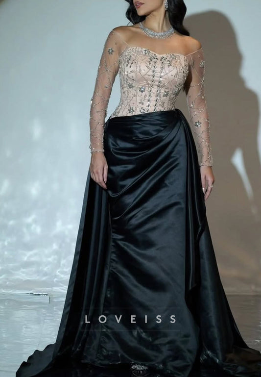 Square Long Sleeves Beaded Ruched Sheath Evening Dress