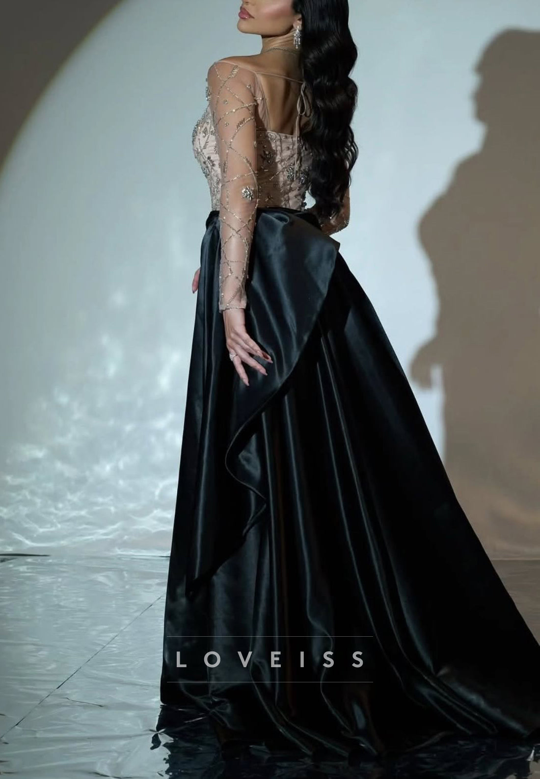 Square Long Sleeves Beaded Ruched Sheath Evening Dress