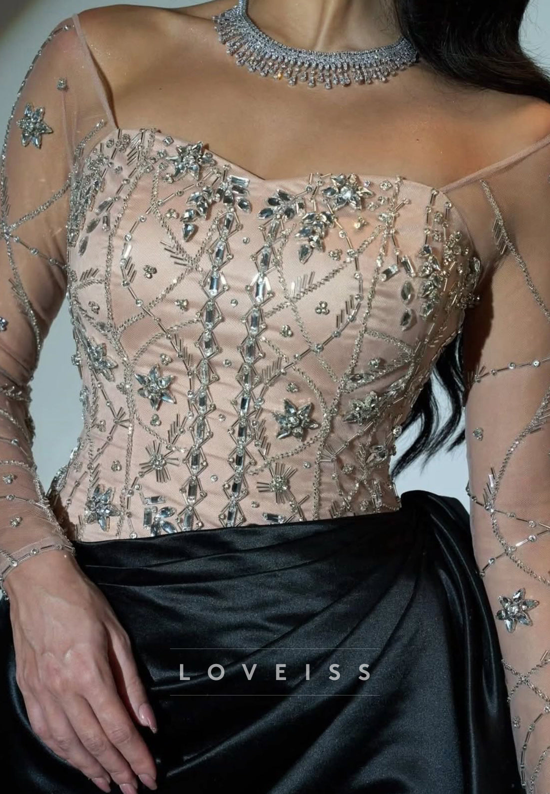 Square Long Sleeves Beaded Ruched Sheath Evening Dress