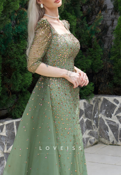 Square Long Sleeves Beaded Sheath Sparkly Evening Dress