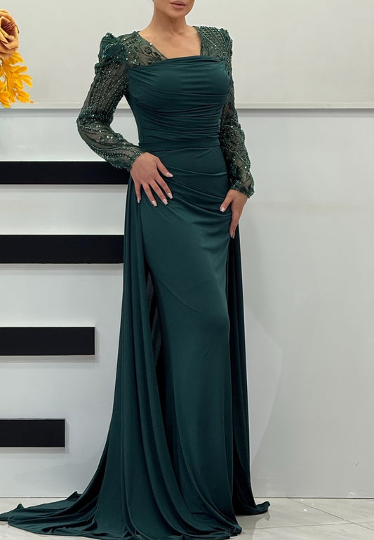 Square Long Sleeves Beaded Sleek Sheath Evening Dress Mother of Bride Dress