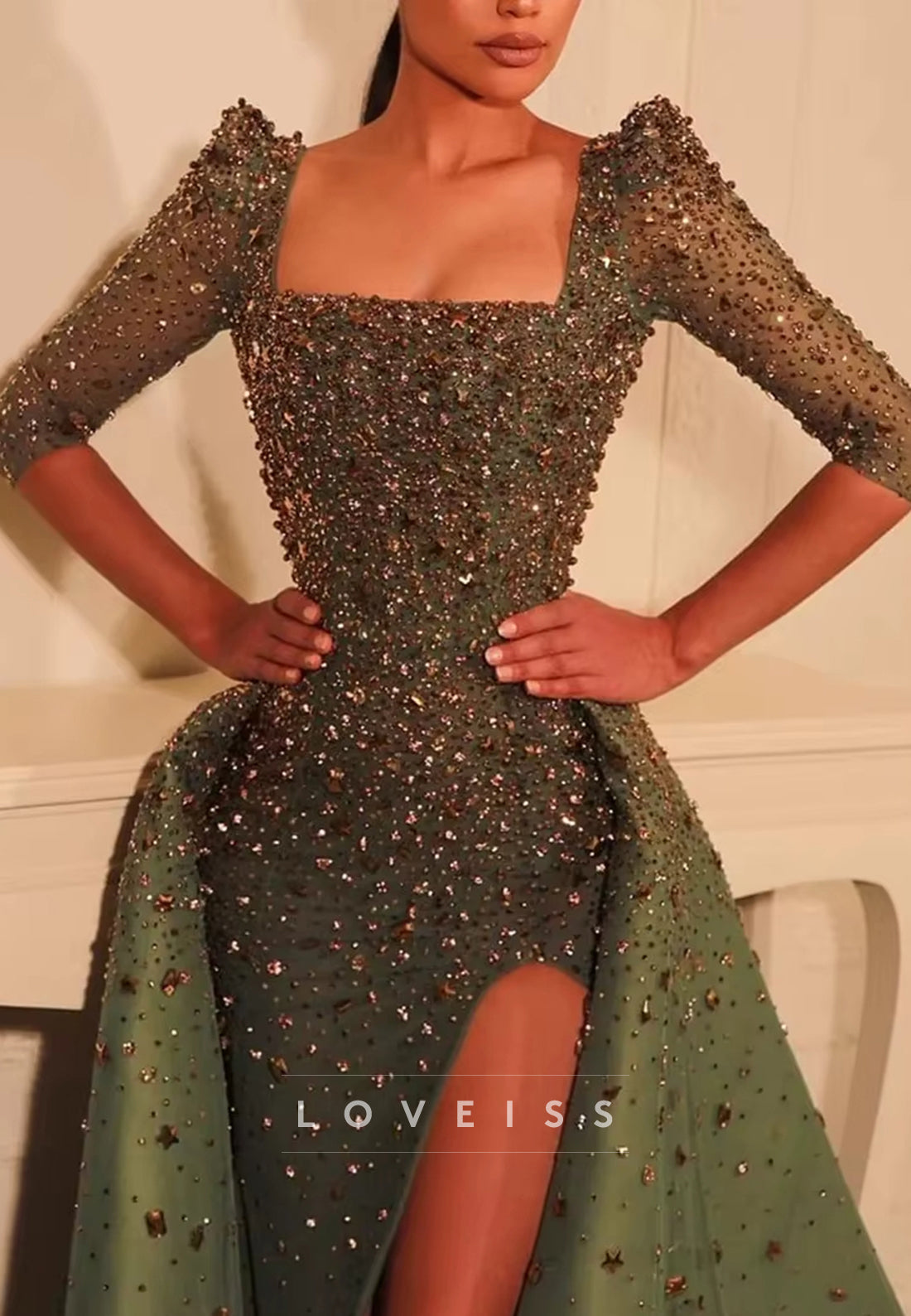 Square Long Sleeves Beaded Sparkly Side Slit Sheath Evening Dress