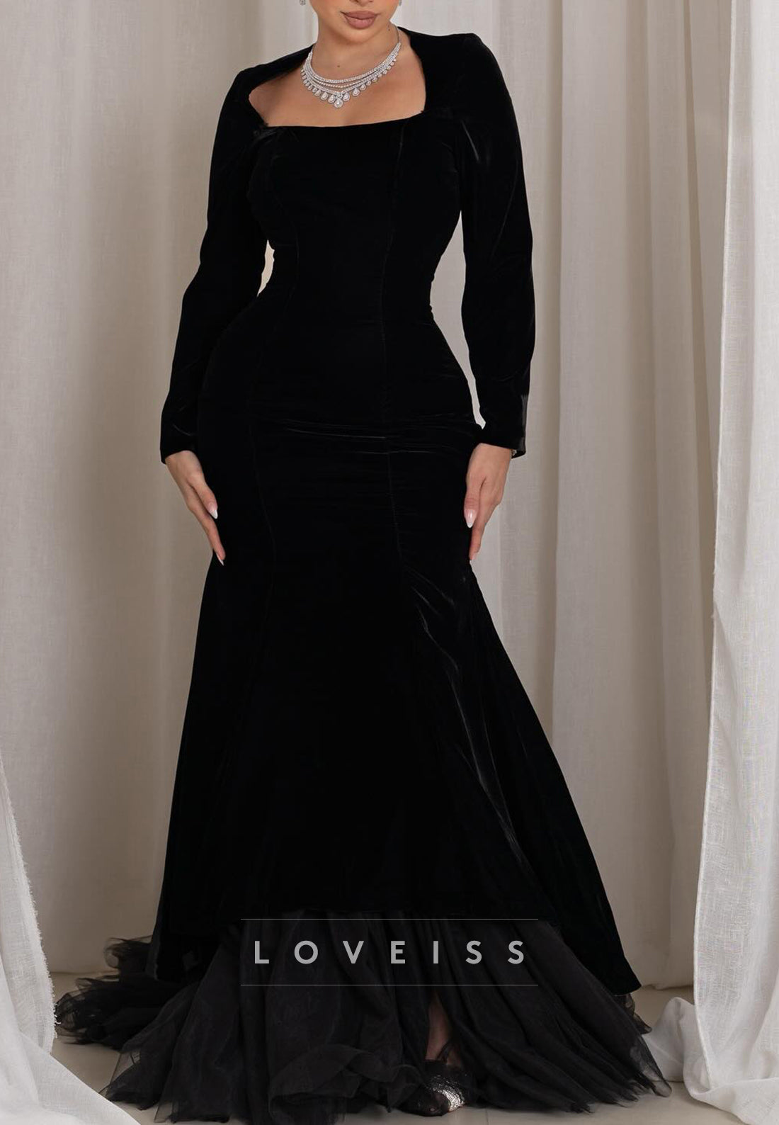 Square Long Sleeves Fitted Mermaid Simple Evening Dress