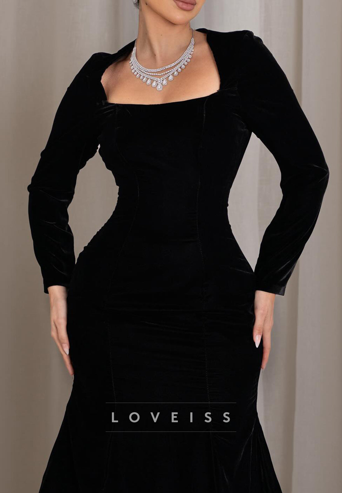 Square Long Sleeves Fitted Mermaid Simple Evening Dress