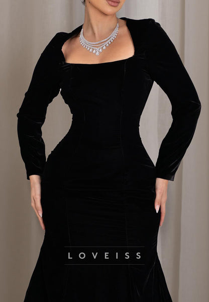 Square Long Sleeves Fitted Mermaid Simple Evening Dress