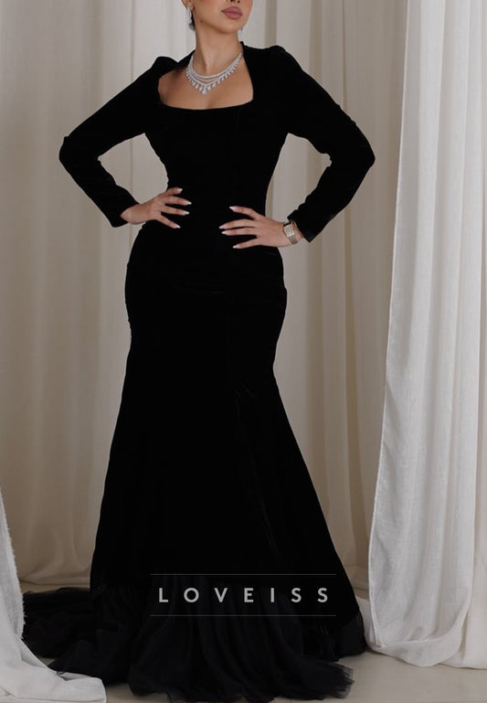 Square Long Sleeves Fitted Mermaid Simple Evening Dress
