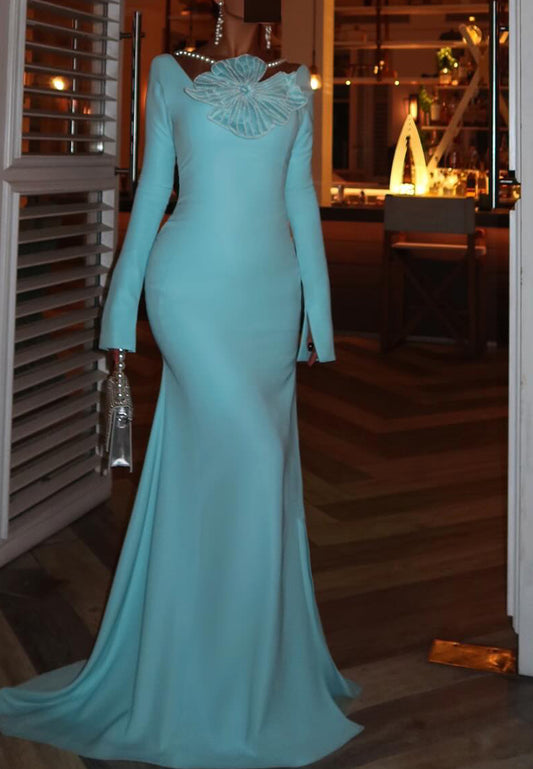Square Long Sleeves Floral Beaded Sleek Mermaid Evening Dress
