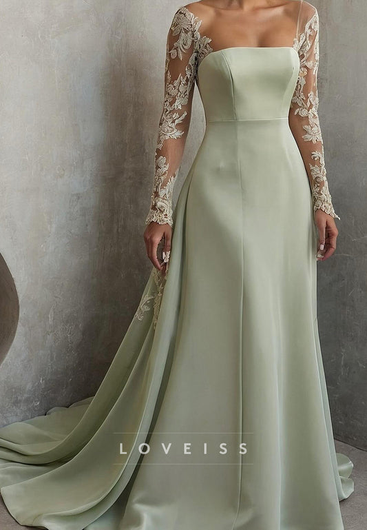 Square Long Sleeves Lace Appliques A-Line Formal Dress