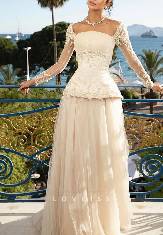 Square Long Sleeves Lace Appliques A-Line Wedding Dress
