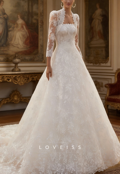 Square Long Sleeves Lace Appliques A-Line Wedding Dress