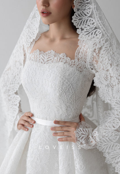 Square Long Sleeves Lace Appliques A-Line Wedding Dress