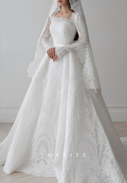 Square Long Sleeves Lace Appliques A-Line Wedding Dress