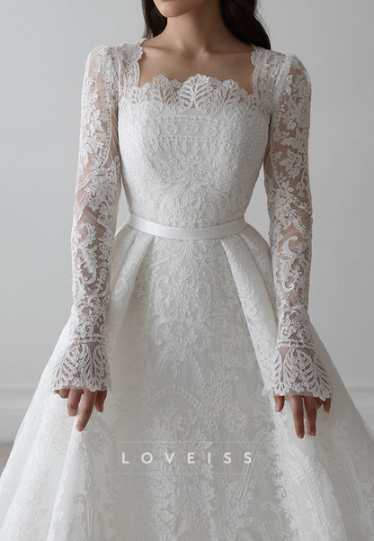 Square Long Sleeves Lace Appliques A-Line Wedding Dress
